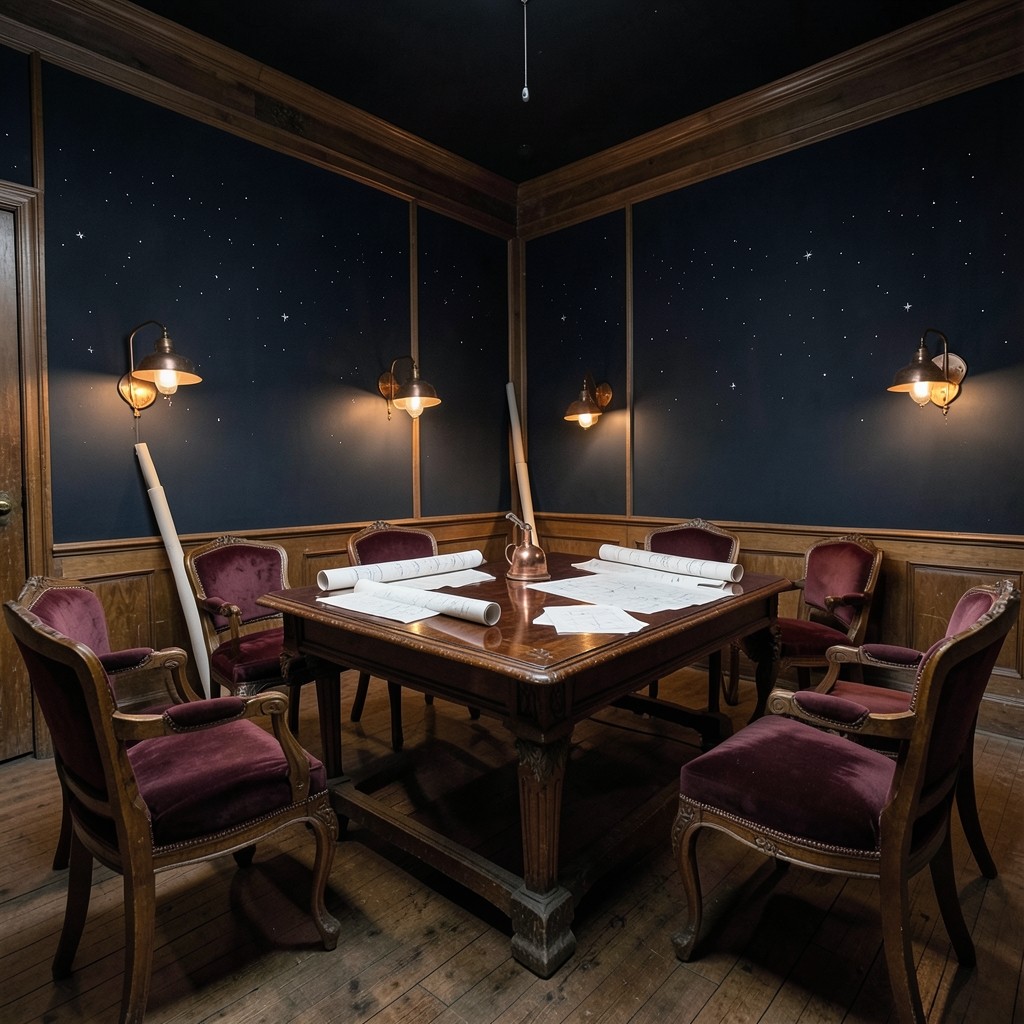 The academy classroom in the evening, with velvet chairs, copper lamps, and charts on the table