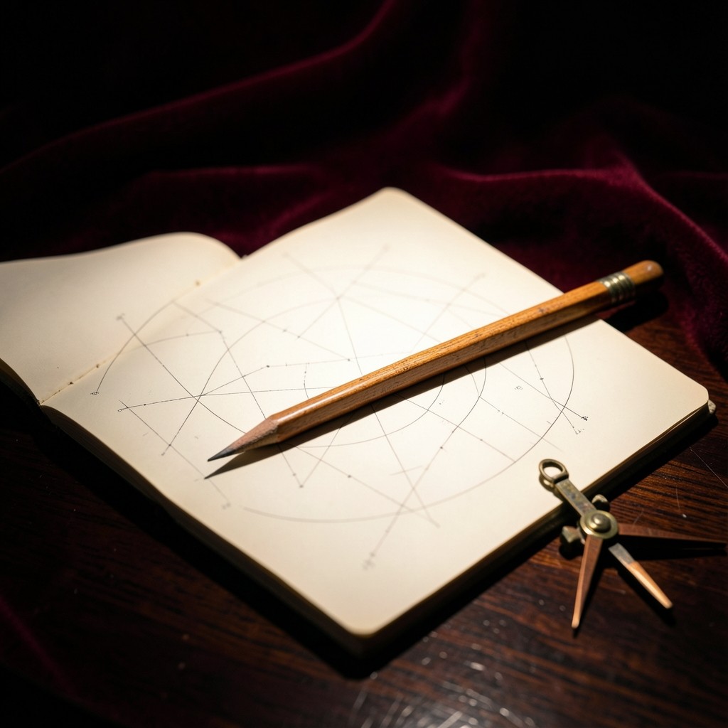 An open study sheet and a pencil on lacquered wood under a copper lamp