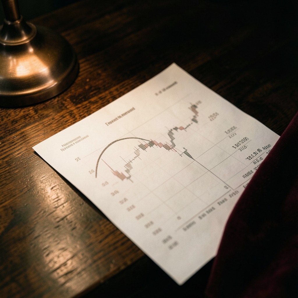 A paper chart on a wooden desk in warm lamplight, with a deep retracement arc drawn in pencil
