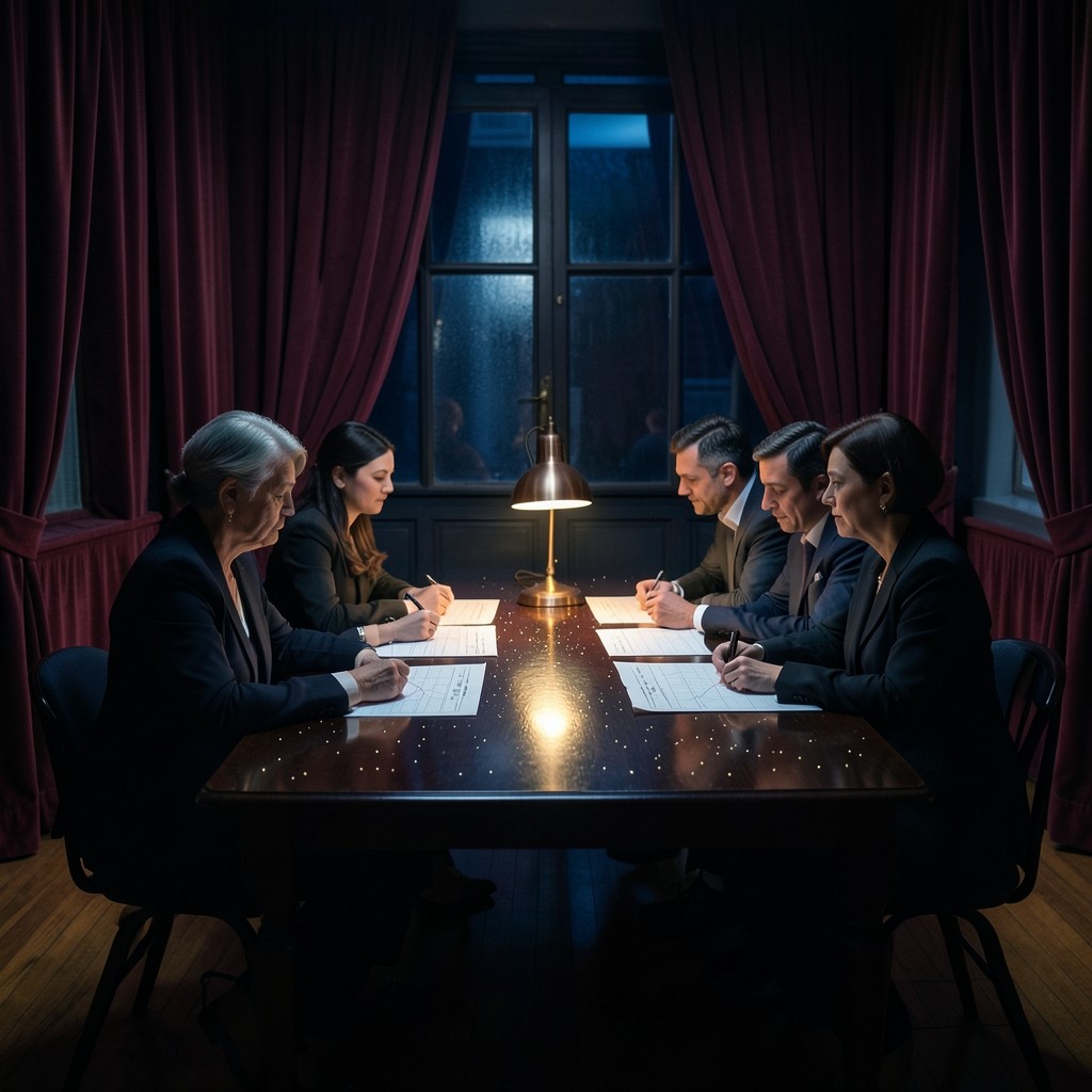 Adults seated at a lacquered table in a burgundy room, studying large printed charts by warm lamplight