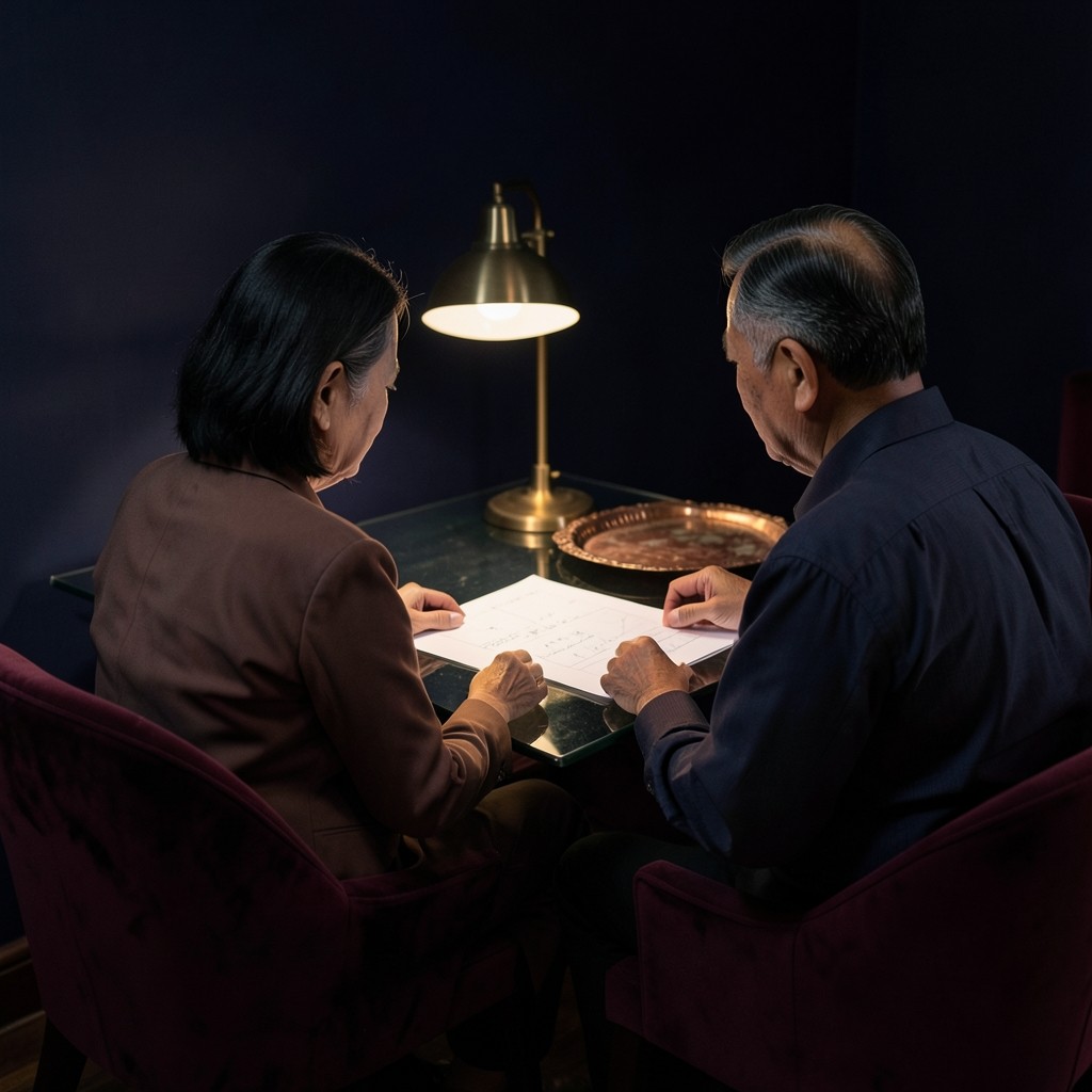 Two adults reviewing a printed chart together at a smoked-glass desk