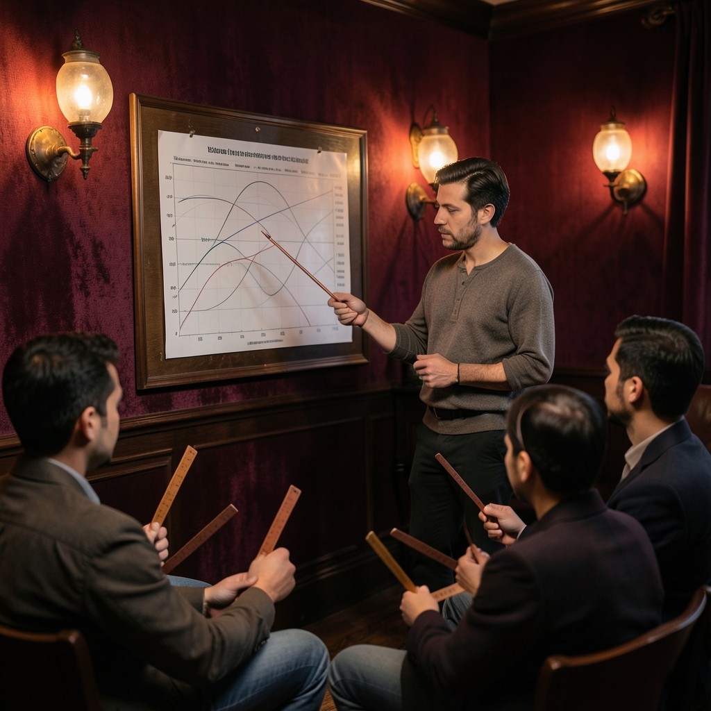 A small evening class gathered around a wall chart with pencil arcs in a velvet classroom