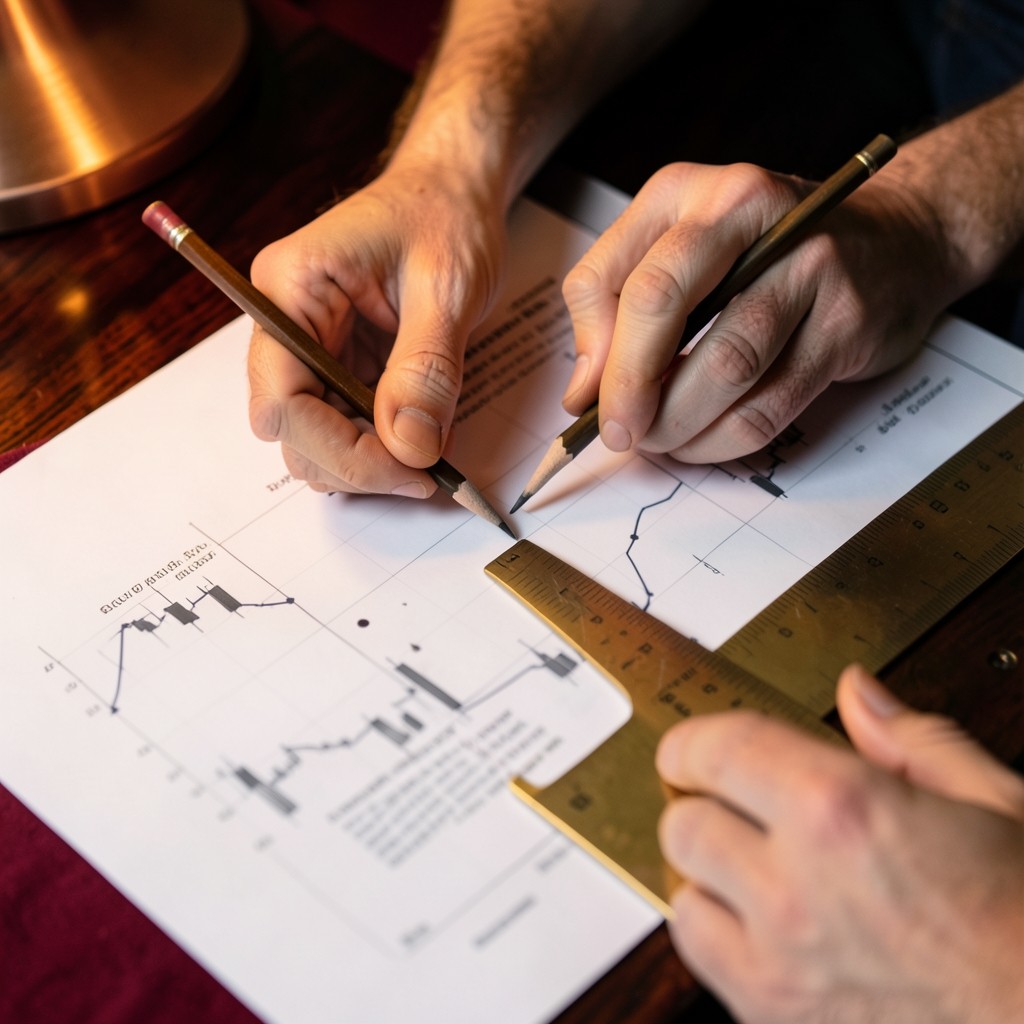 Hands marking a swing high and swing low on a printed chart with a pencil and ruler